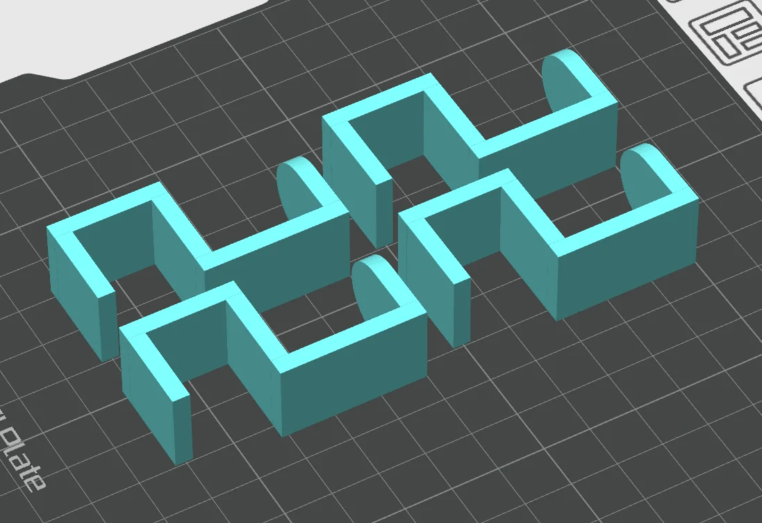 Four 3D printable square S-shaped organizing hooks