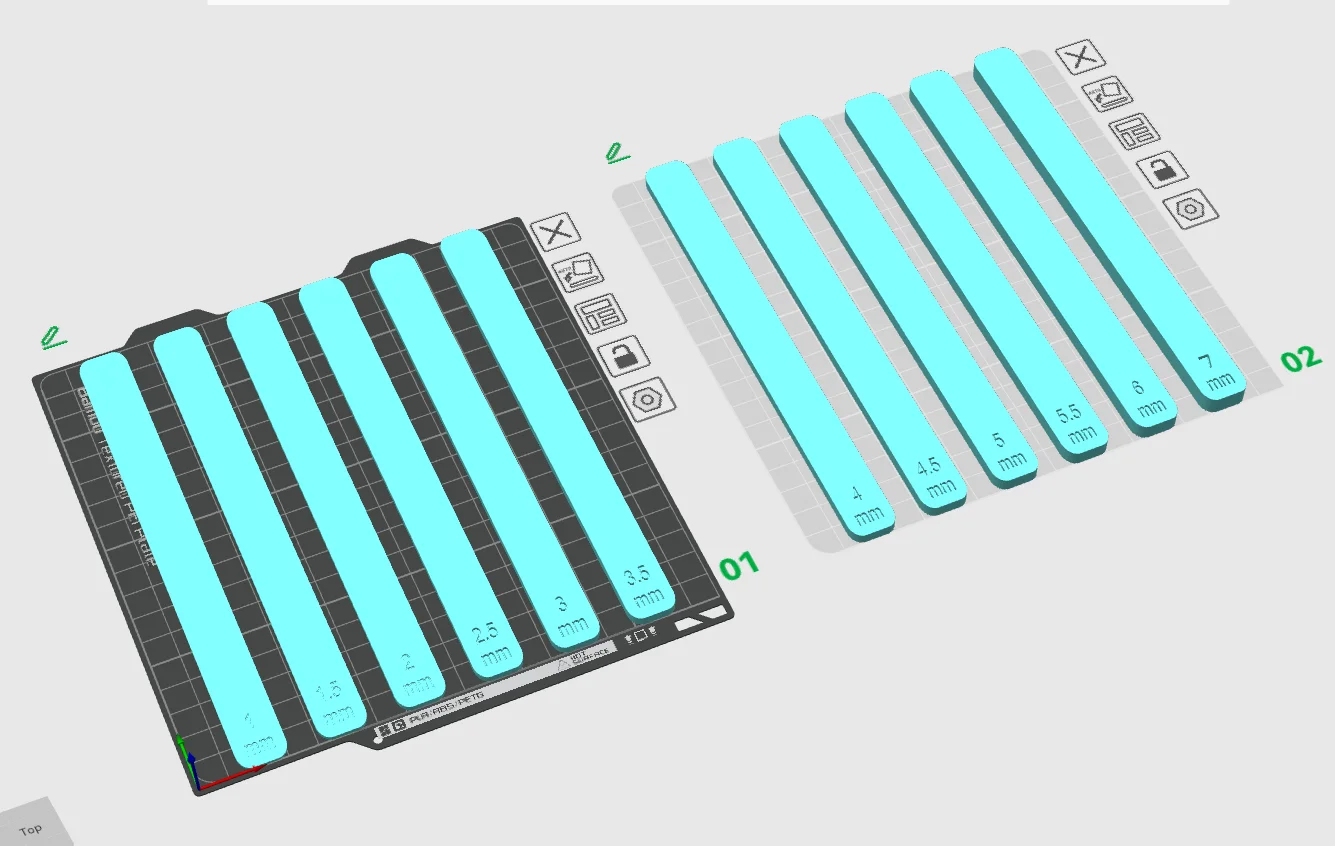 12 labeled 3D printable polymer clay depth guides from 1 to 7 mm