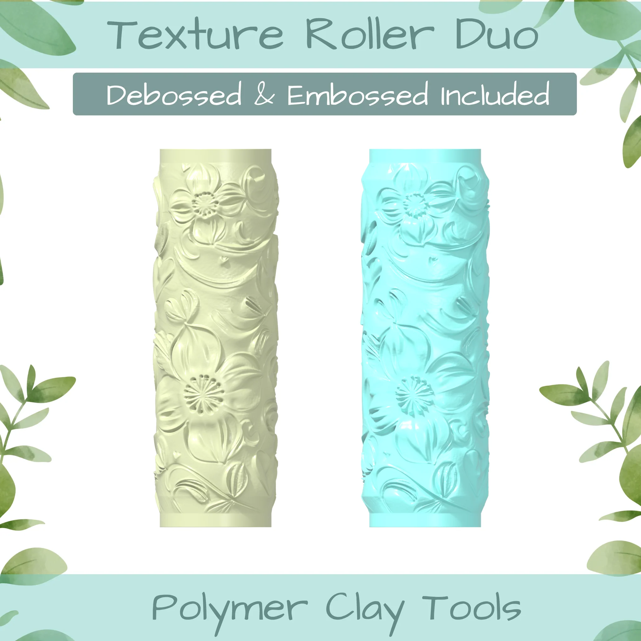 Floral Heart No. 11 Polymer Clay Texture Roller Duo
