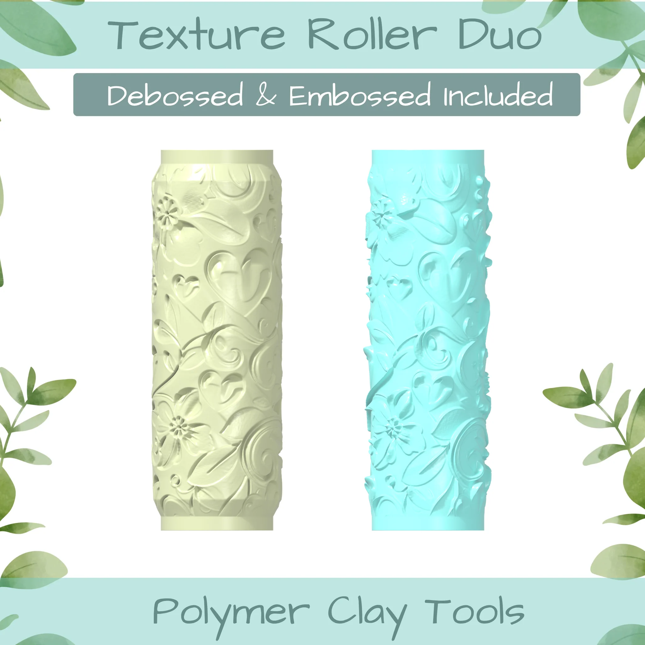 Floral Heart No. 12 Polymer Clay Texture Roller Duo