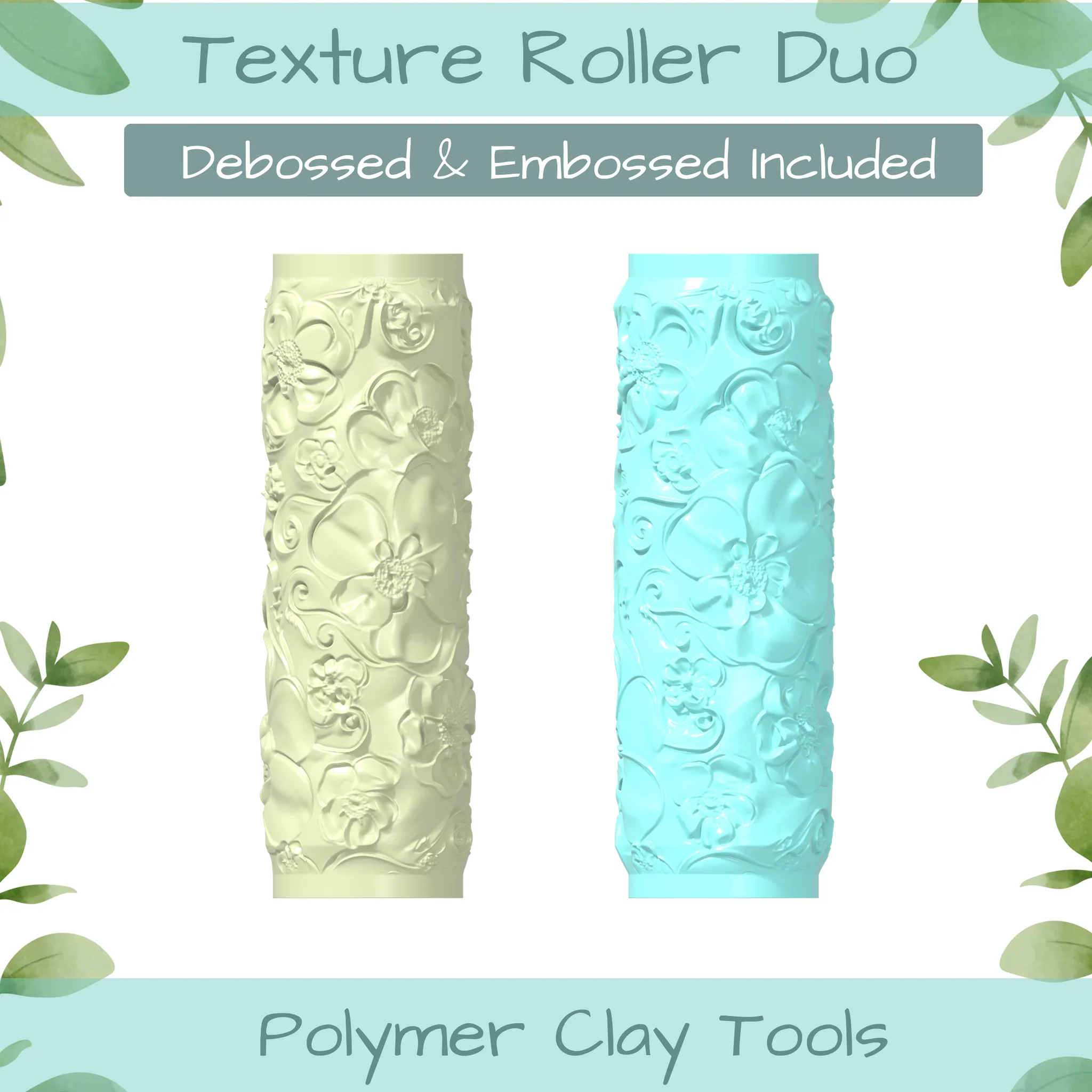 Floral Heart No. 2 Polymer Clay Texture Roller Duo
