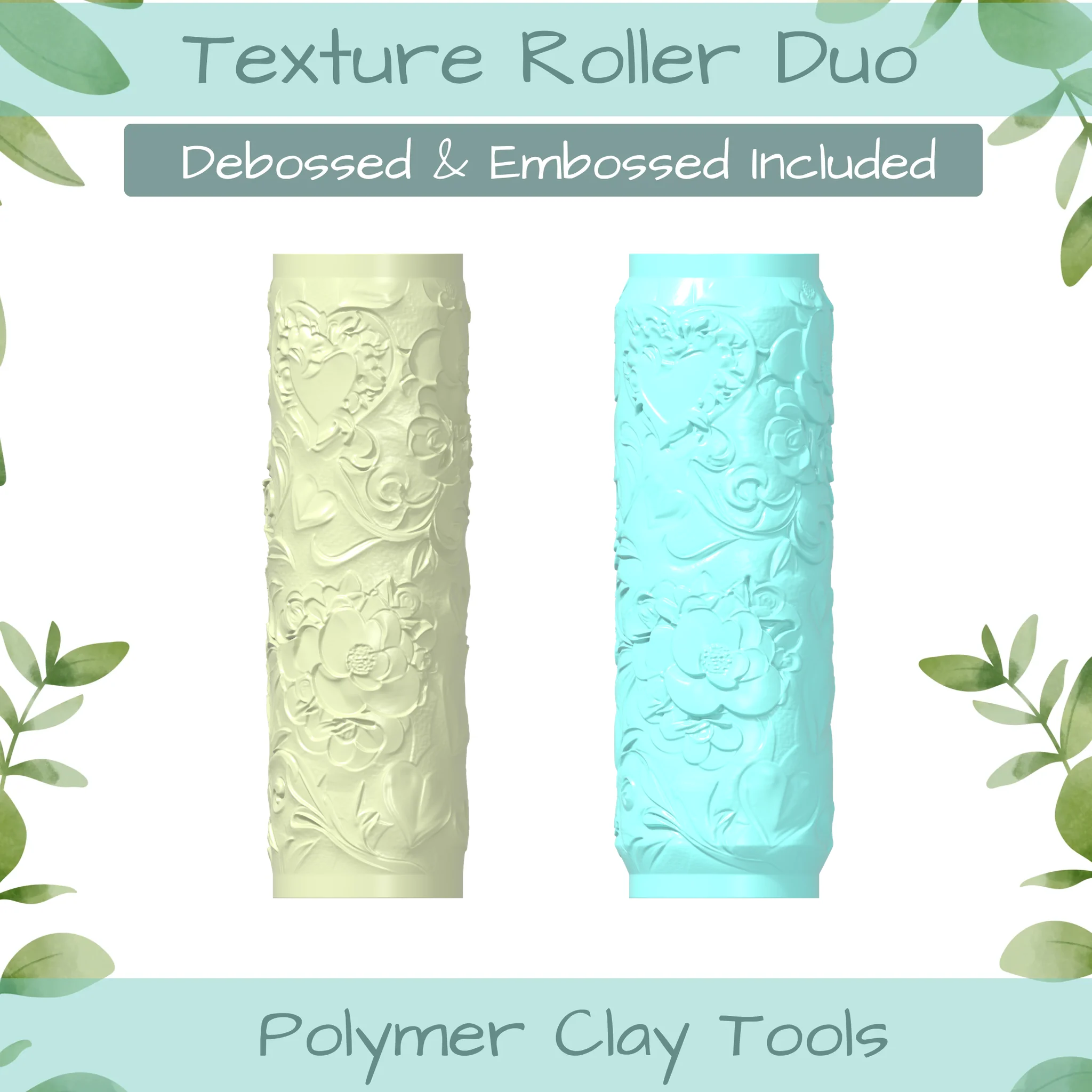 Floral Heart No. 3 Polymer Clay Texture Roller Duo