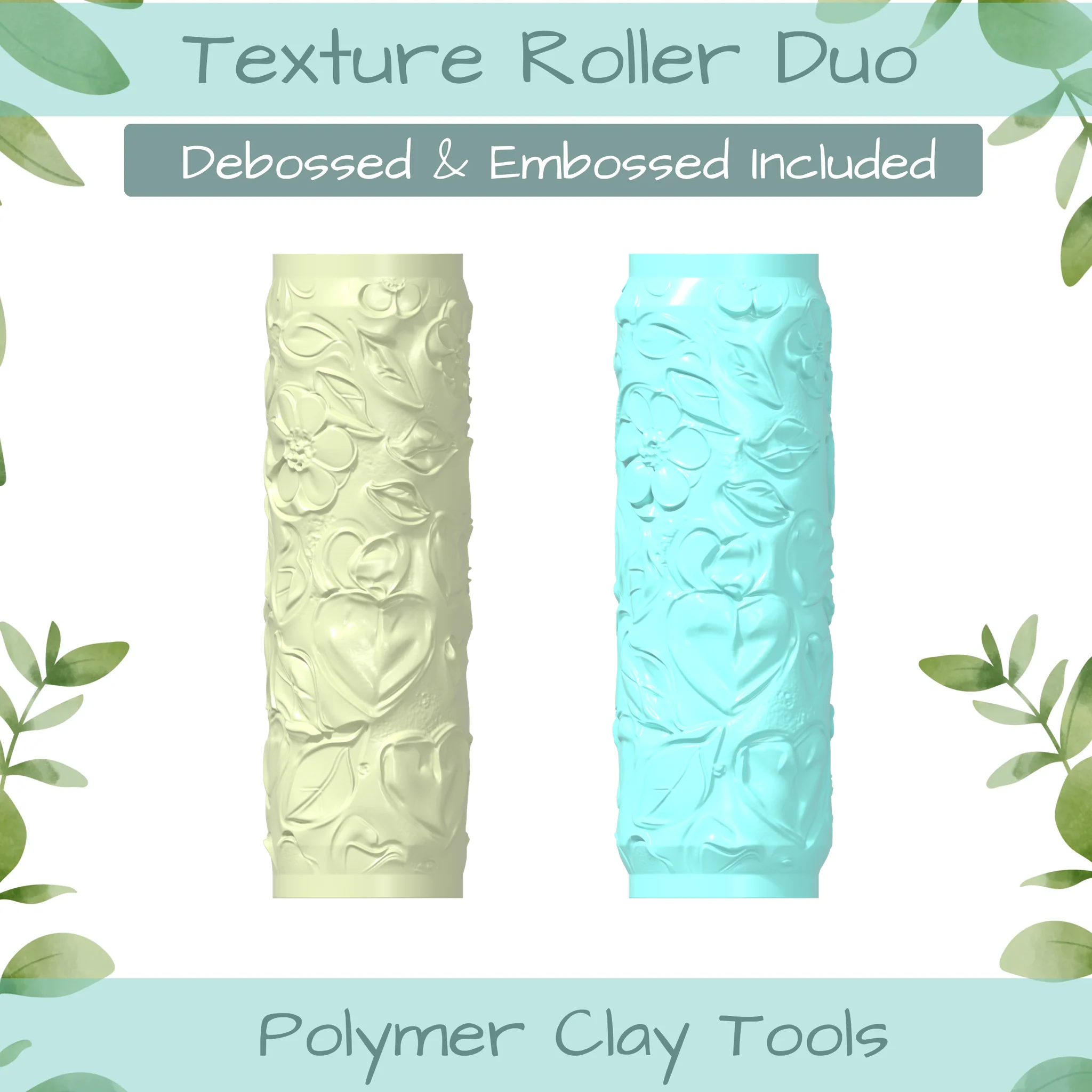 Floral Heart No. 4 Polymer Clay Texture Roller Duo