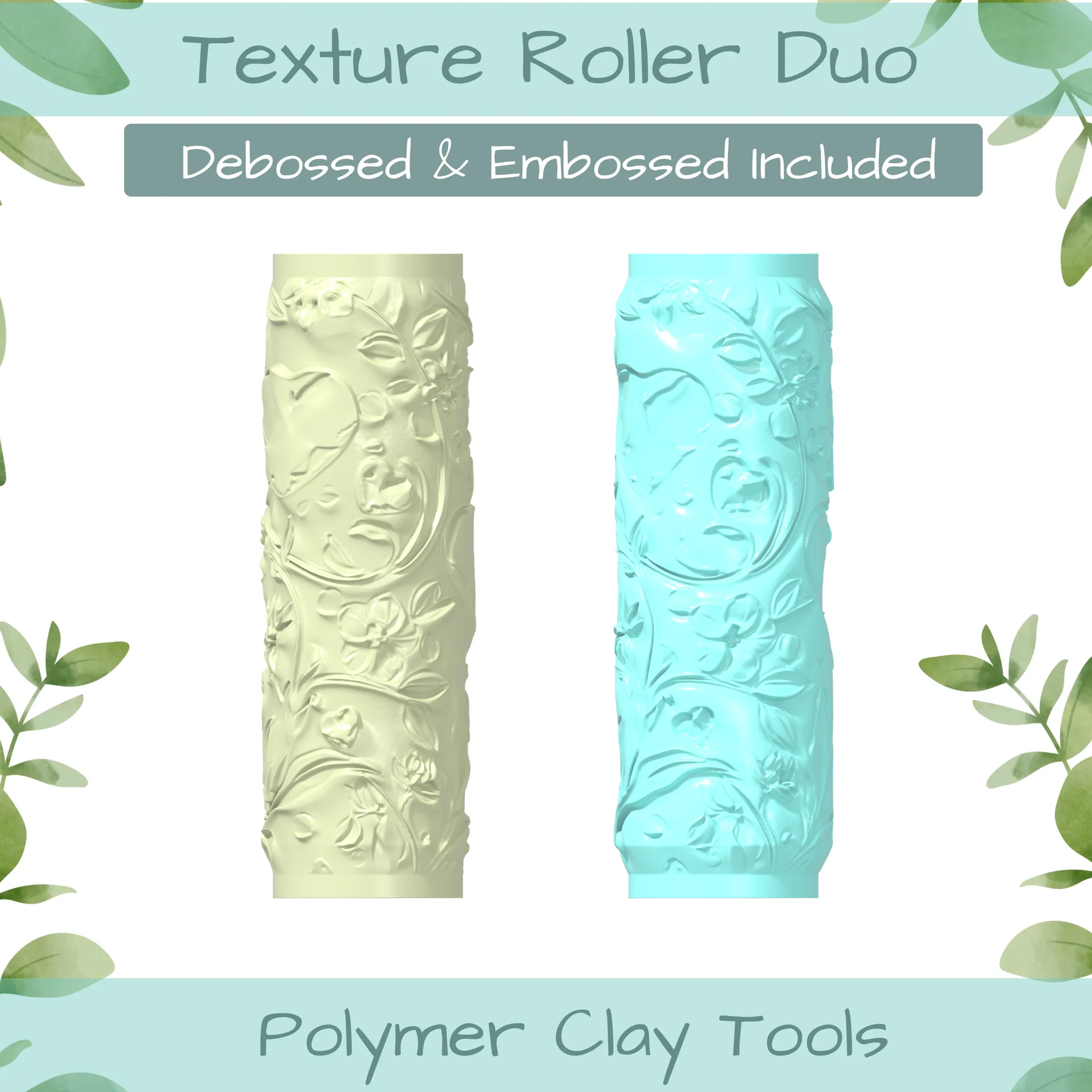 Floral Heart No. 5 Polymer Clay Texture Roller Duo