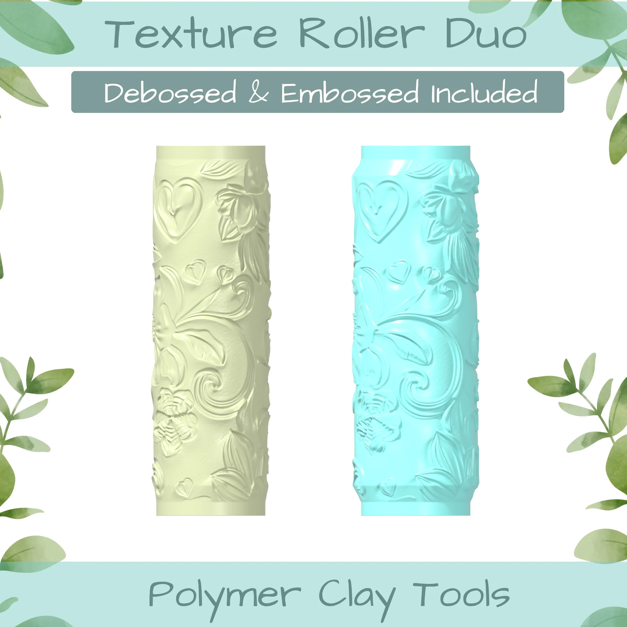 Floral Heart No. 8 Polymer Clay Texture Roller Duo
