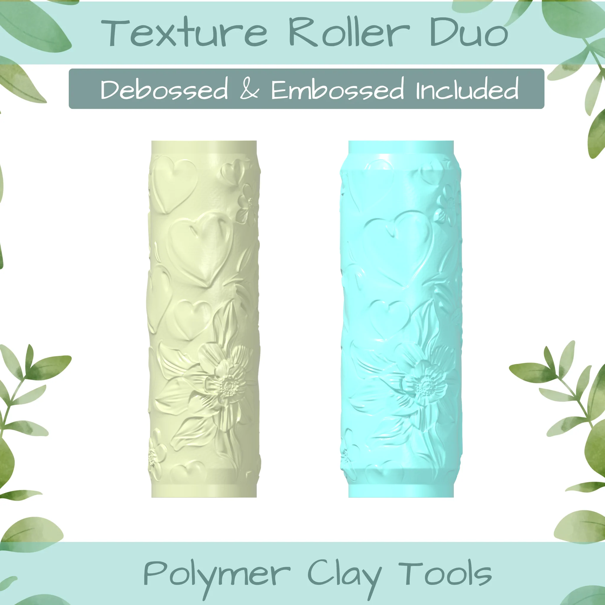 Floral Heart No. 9 Polymer Clay Texture Roller Duo