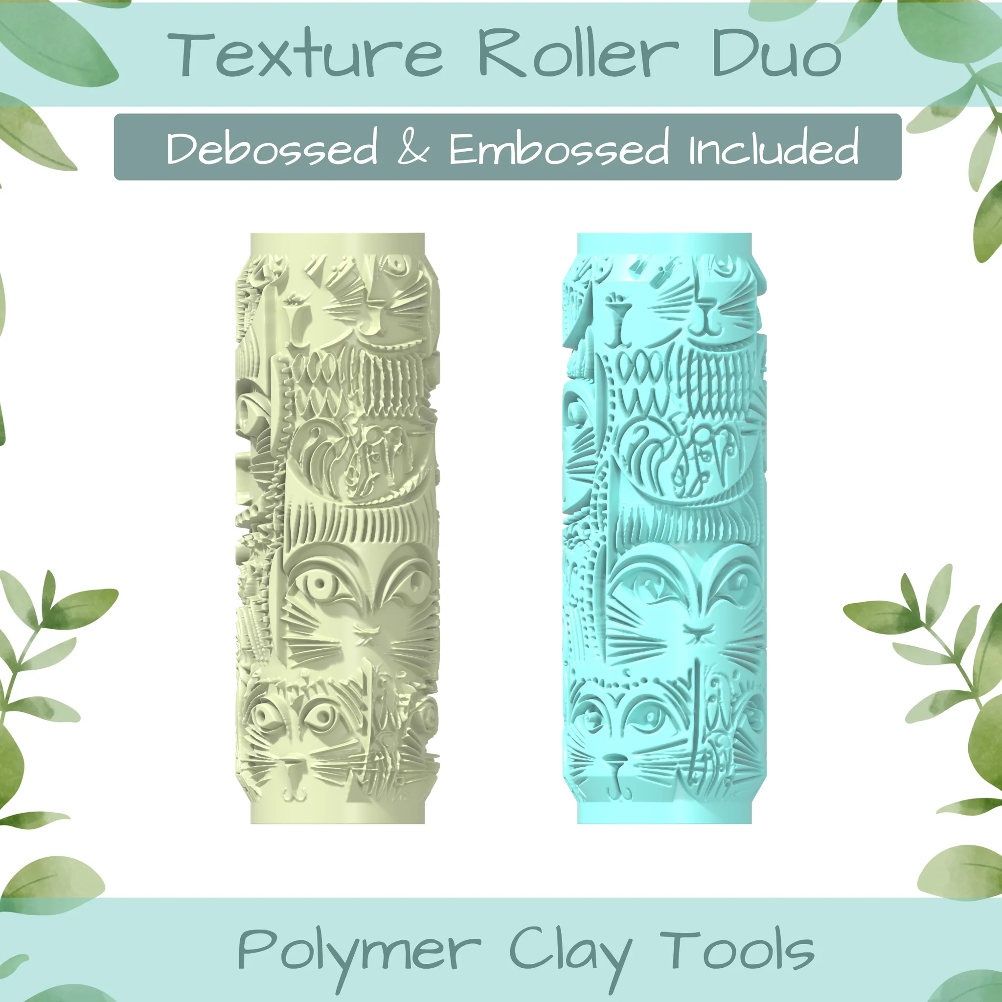 Boho Cat Polymer Clay Texture Roller Duo