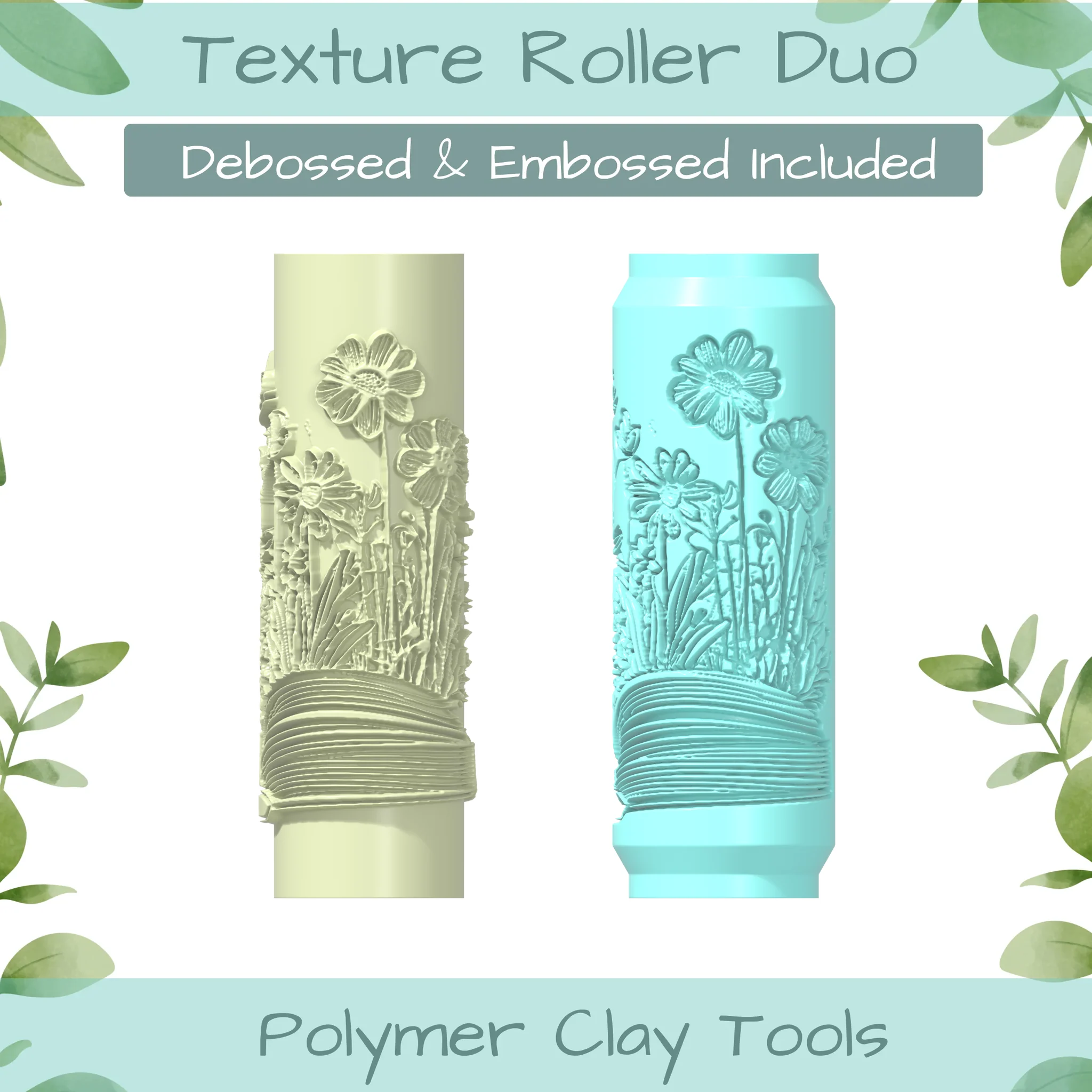 Floral Book No. 1 Polymer Clay Texture Roller Duo