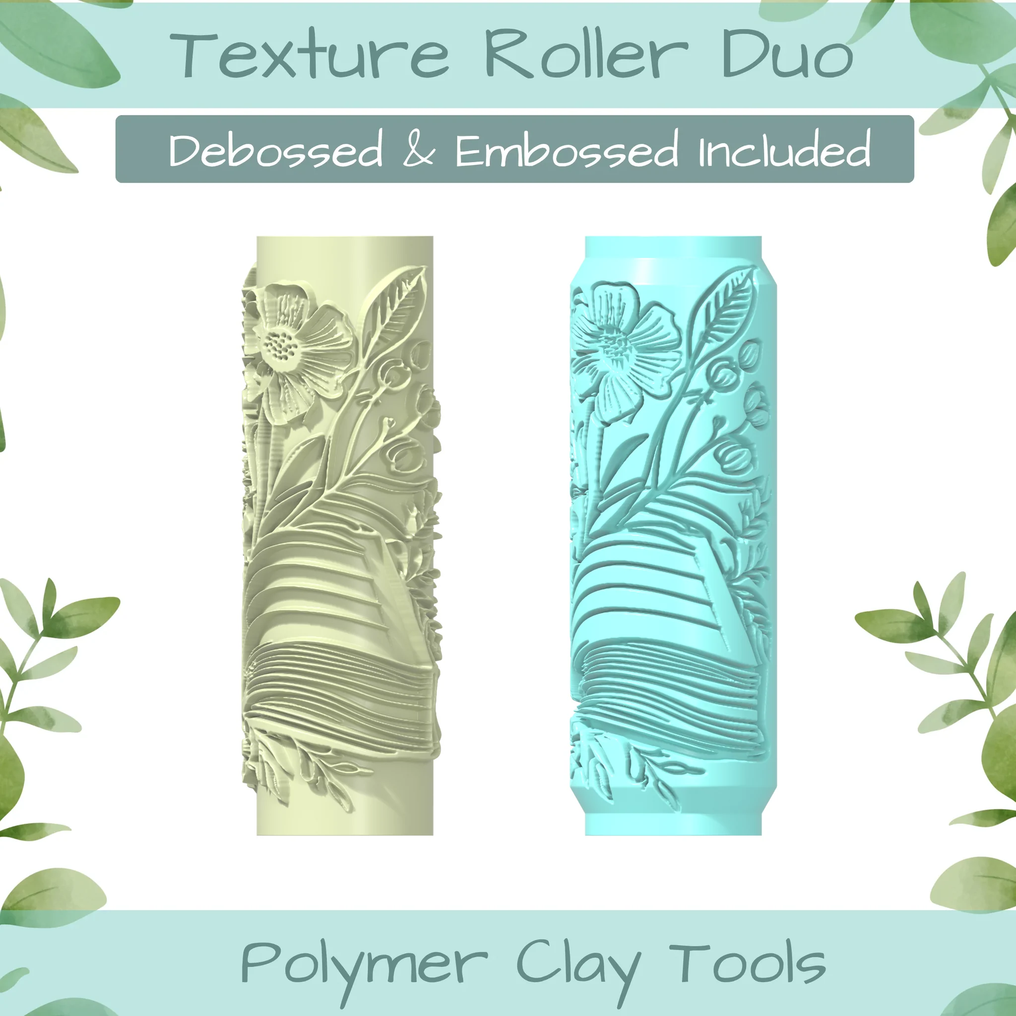 Floral Book No. 2 Polymer Clay Texture Roller Duo
