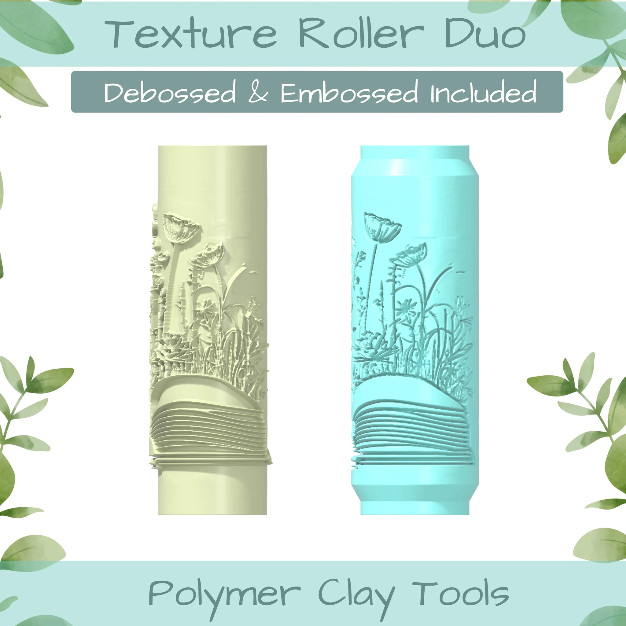 Floral Book No. 3 Polymer Clay Texture Roller Duo