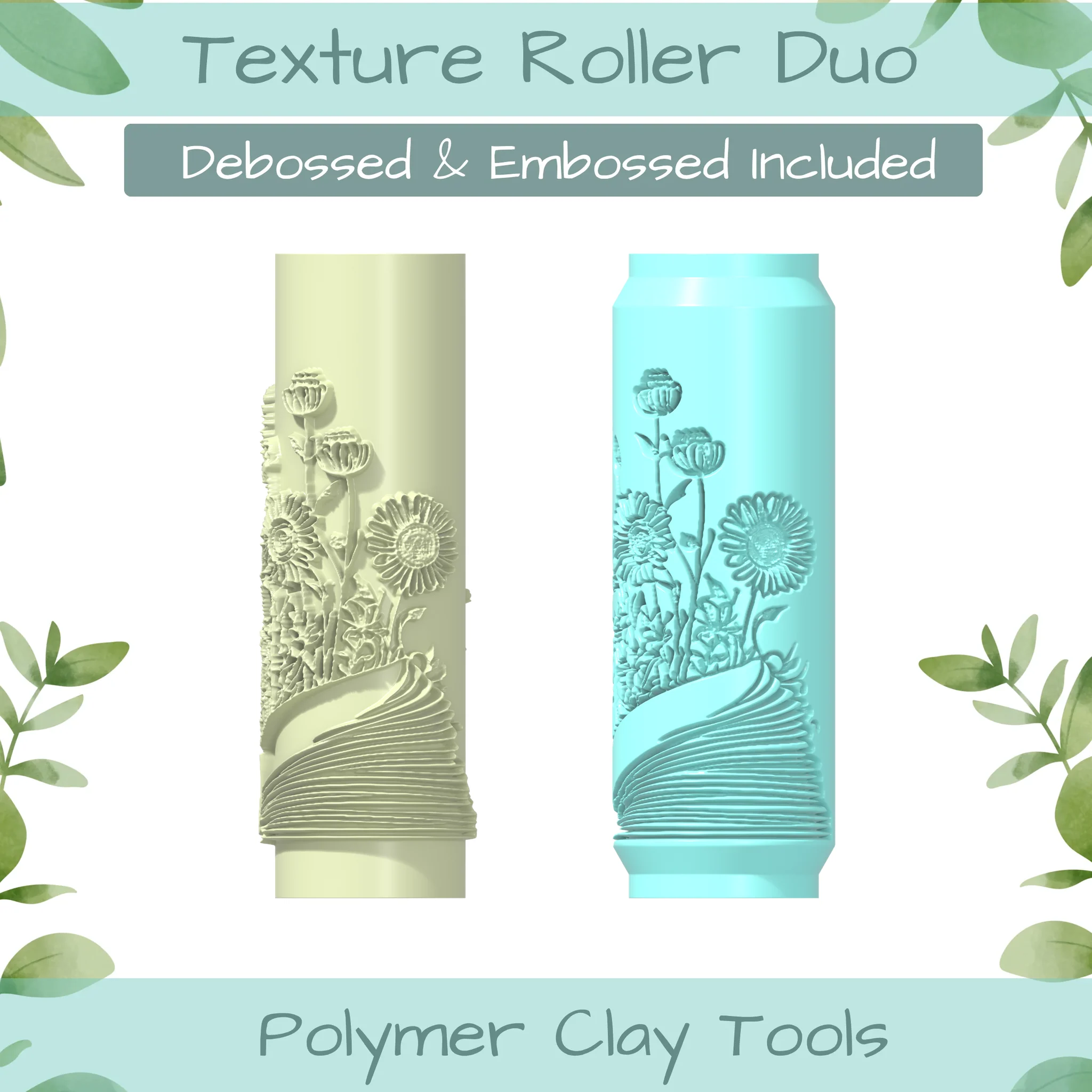 Floral Book No. 4 Polymer Clay Texture Roller Duo