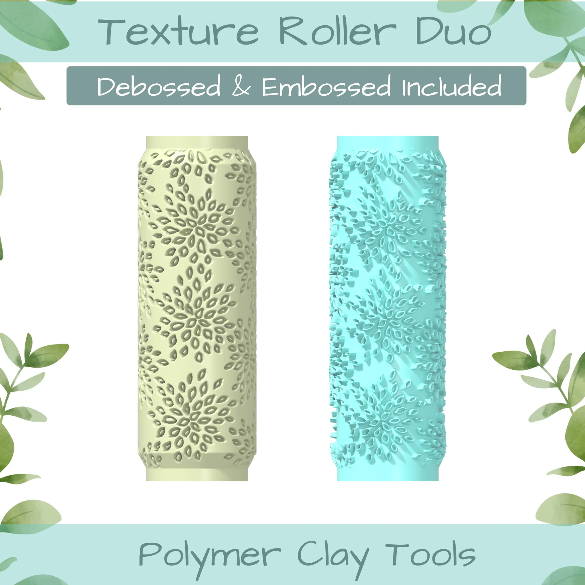 Leaf Bursts Polymer Clay Texture Roller Duo